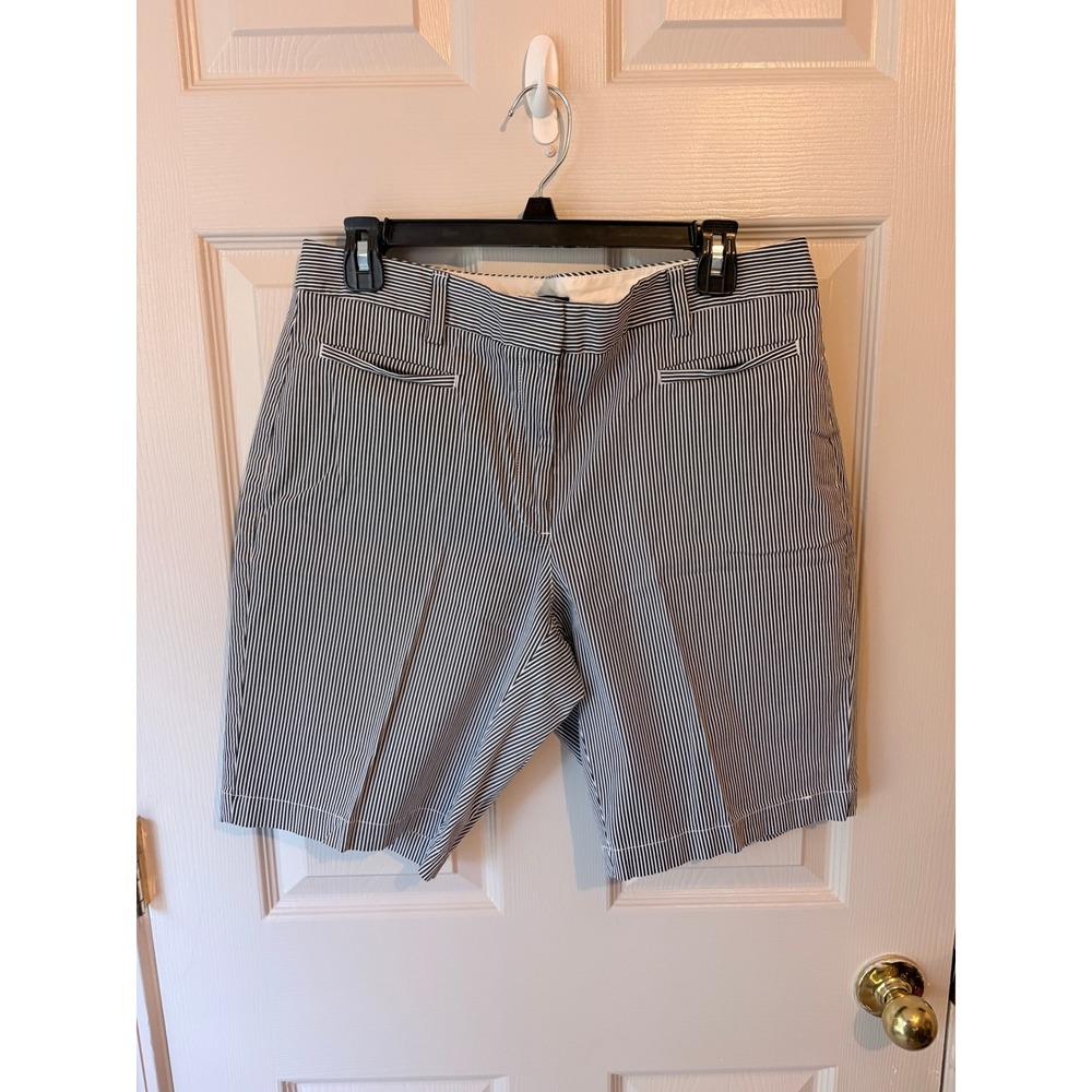 Lands End Womens Fit 2 Chino Shorts Navy Blue White Striped Seersucker Size 12